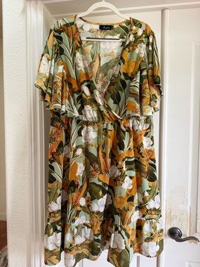 Green & Mustard Floral Wrap Dress
